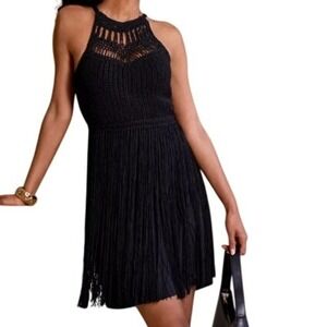 NWT Boston Proper Crochet Fringe Halter Mini Dress S Black Heavy Party Glam Boho
